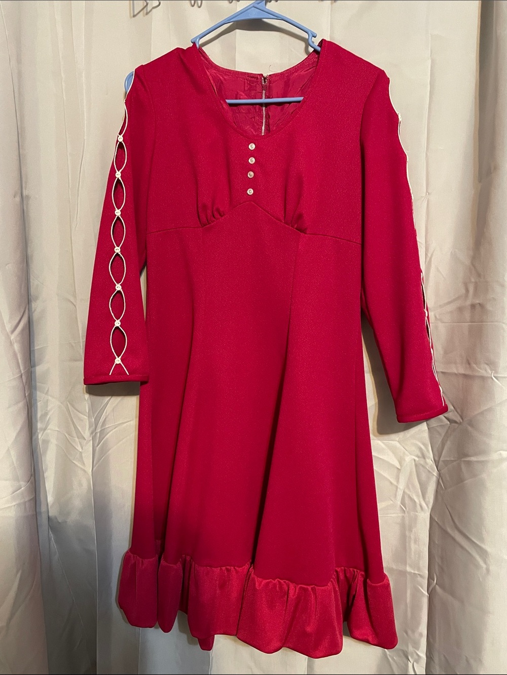 Bright Fuchsia Long Sleeve Ruffle Hem Dress Vintage Handmade